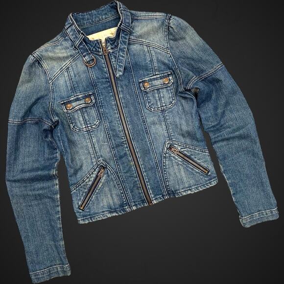 Abercrombie & Fitch Zip Up Jean Jacket Cafe Collar 100% Cotton Vintage Denim - Picture 1 of 13
